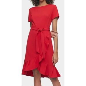 NWT Calvin Klein Red Short Sleeves, Frill High Low Hem Sheath Dress Size 16